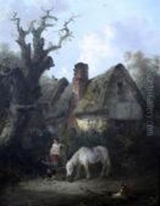 Children And Horse Beside A Cottage Children And Horse Beside A Cottage