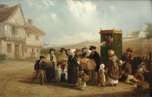 A Punch And Judy Show With Children Watching An Entertainer Playing A Drum by Thomas Smythe