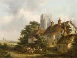 Figures With Donkey Cart Before Cottages And Church