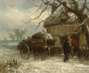 Figures With Horse And Cart Before A Snow Covered Cottage