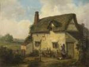 A Woman Hanging Washing Before A Country Cottage A Woman Hanging Washing Before A Country Cottage