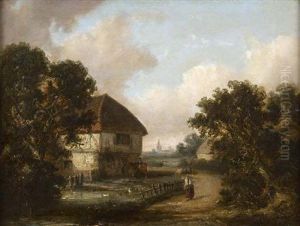 A Wooded River Landscape With Figures And Cottages by Thomas Smythe