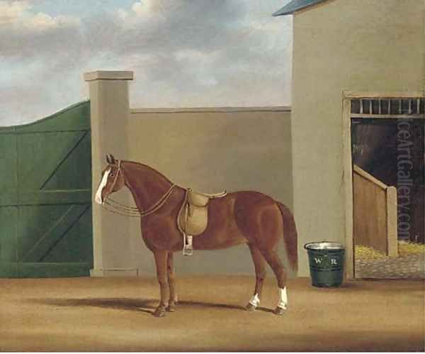 A chestnut hunter in a stable yard - view 1