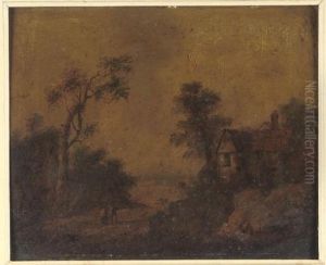 A Wooded Landscape With Figures On A Country Path By A Cottage by Thomas Smythe