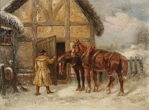 Plough Horses At A Trough In A Snow Covered Landscape