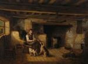 Boy With Dogs And A Cat Beside The Hearth by Thomas Smythe
