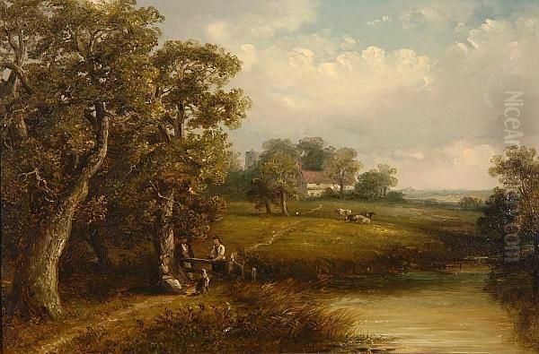 Figures Beneath An Oak Tree With Church And Farm Beyond - view 1