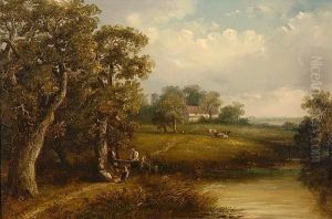 Figures Beneath An Oak Tree With Church And Farm Beyond by Thomas Smythe