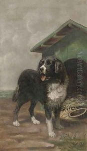 A collie in front of his kennel by English School