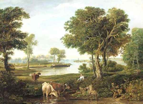 A drover with cattle in a river landscape - view 1