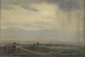 A figure in a stormy landscape by English School