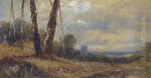 A figure on a track before a church; and Another similar by English School