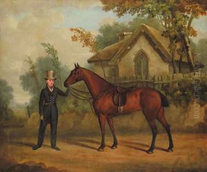 A gentleman holding a saddled bay hunter on a track, by a cottage by English School