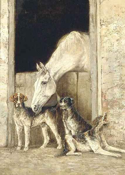 A horse in a stable with dogs beside - view 1