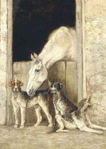 A horse in a stable with dogs beside by English School