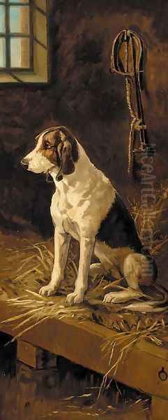 A hound seated in a kennel - view 1