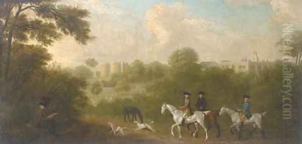A hunting party before a country house and ruined castle, with an artist sketching in the foreground - view 1