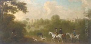 A hunting party before a country house and ruined castle, with an artist sketching in the foreground