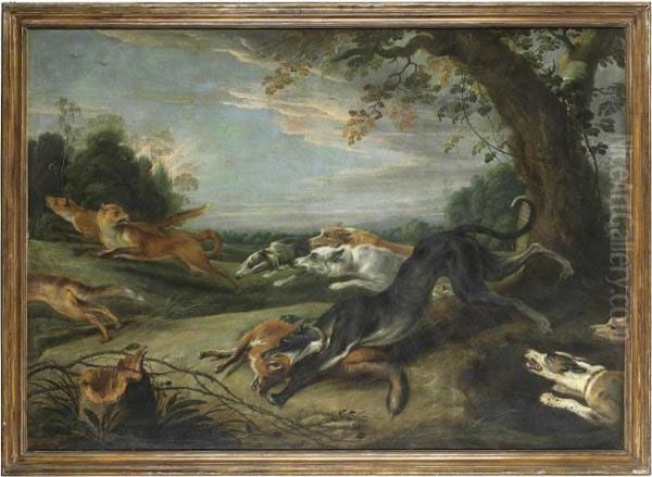 Hounds Chasing Foxes In A Wooded Landscape - view 1