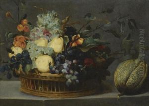 A Still Life With Pears, Grapes 
And Apricots In A Basket And A Watermelon On A Stone Ledge