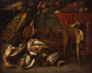 Grosses Jagdstillleben Mit Toten Vogeln, Hasen, Silbergerat Und Jagdhund