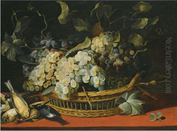 A Still Life With Black And
White Grapes In A Basket With Akingfisher And Other Dead Birds On A
Ledge - view 1