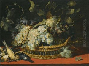 A Still Life With Black And 
White Grapes In A Basket With Akingfisher And Other Dead Birds On A 
Ledge