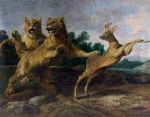 Deux Jeunes Lions Poursuivant Un Chevreuil
