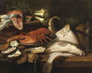 A Pike, A Plaice, A Lobster On A
 Tin Plate, Oysters, Leek Andsalmon, All On A Wooden Table