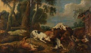 Sanglier Attaque Par Des Chiens 
Panneau De Chene Quatre Planches Renforcees