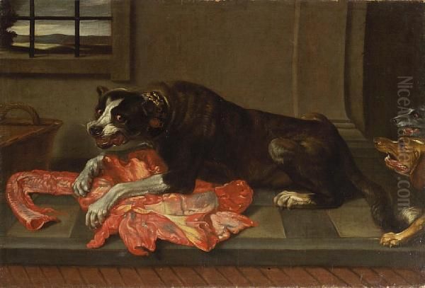 A Dog Defending A Carcass From Two Other Dogs - view 1