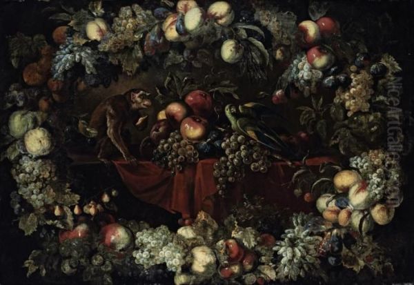 Grapes, Figs And Apples On A
Partly-draped Table With A Parrot Anda Monkey, Surrounded By A Garland
Of Pomegranates, Grapes,cherries, Strawberries, And Other Fruit - view 1