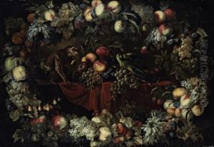 Grapes, Figs And Apples On A 
Partly-draped Table With A Parrot Anda Monkey, Surrounded By A Garland 
Of Pomegranates, Grapes,cherries, Strawberries, And Other Fruit by Frans Snyders
