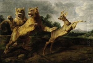 Two Young Lions Chasing A Roebuck Two Young Lions Chasing A Roebuck