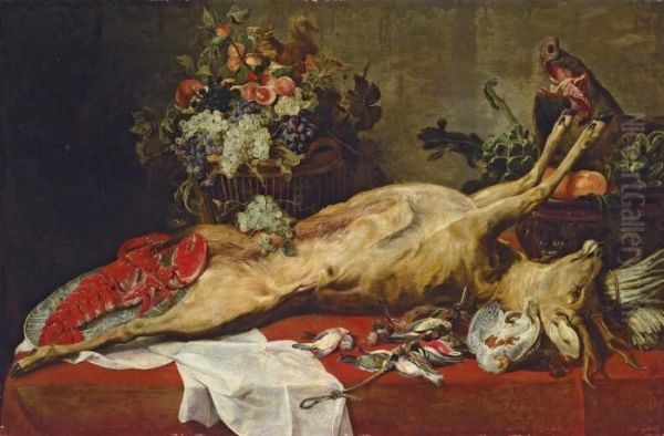A Buck, A Cat, A Lobster On A
China Plate, A Squirrel In A Basket Of Grapes, Apricots And Peaches,
Oranges, Artichokes And A Boar's Head In A Tureen, With A Fowl, A White
Napkin And Asparagus On A Draped Table - view 1