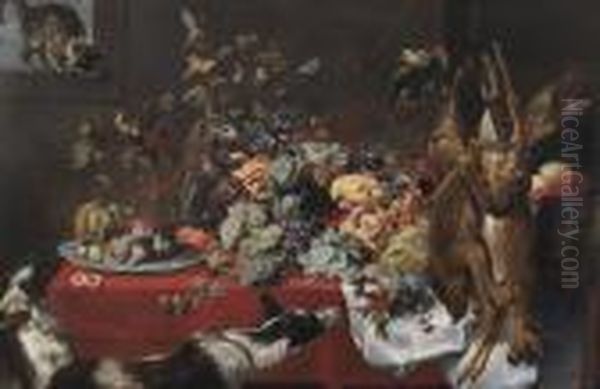 A Draped Table Laden With Fruit,
Nuts And Berries, With A Cat, Birds, A Parrot, A Squirrel, A Monkey,
Hounds, A Boar's Head And A Buck And A Fawn Hanging From A Hook - view 1