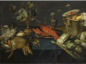 Still Life With A Lobster On A
Silver Dish, A Dead Hare And Other Game, Blue And White Grapes On A
Silver-gilt Tazza, Artichokes, Asparagus, A Wan-li Kraak Bowl With
Strawberries In A Copper Bucket, All Arranged On A Table Draped With A
Blue Velve by Frans Snyders