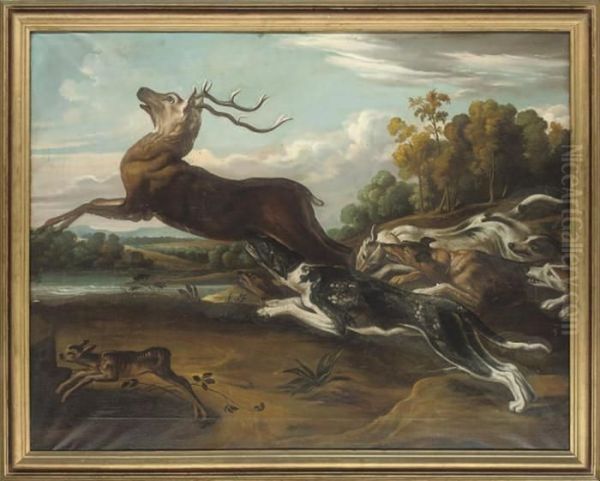 Hounds Hunting A Deer And Fawn In A Wooded Landscape - view 1