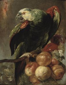 A Parrot Sitting On A Branch With Fruit Nearby