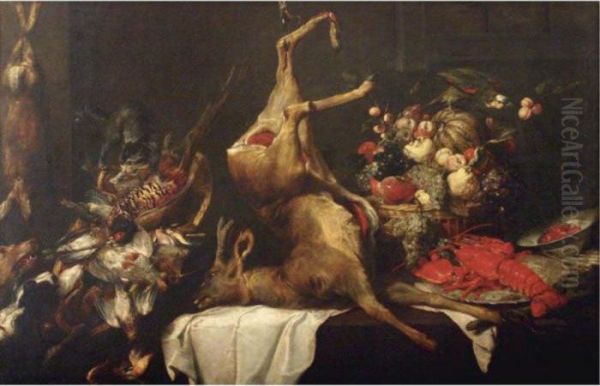 Game Still Life With Birds, A
Deer And A Hare, With A Basket Of Fruit, A Lobster On A Plate And Other
Objects On A Draped Table With A Cat, Two Dogs And A Parrot - view 1