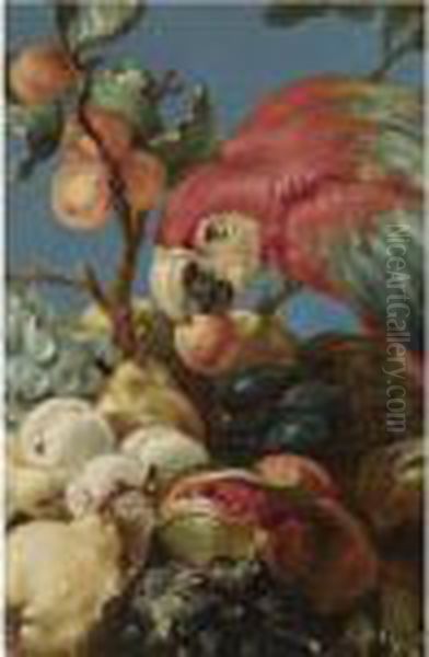 A Parrot Perched On An Abundance
Of Fruit, Including Oranges, Pears, Grapes, Prunes And A Pomegranate - view 1