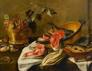 A Colander Filled With Salmon With A Copper Basket Of Pears And Grapes