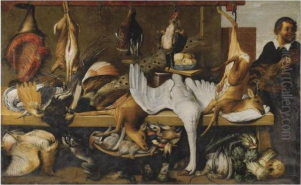 A Market Stall With A Dead Game,
Including A Swan, Deer, A Peacock, Hares, And A Side Of Pork, Together
With A Pile Of Vegetables And A Man Holding A Boar's Head - view 1