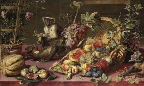 Grapes On The Vine, Apples,
Pears, Plums, Red And White Currants Onthe Branch And Hazelnuts Spilling
From A Wicker Basket, Figs On Aleaf, A Melon, An Earthenware And
Trellis Pot Of Carnations, With Adiana Monkey Eating Hazelnuts And A
Capuchin Mon - view 1