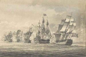 A naval engagement with a Britsh man o'war firing a broadside A naval engagement with a Britsh man o'war firing a broadside