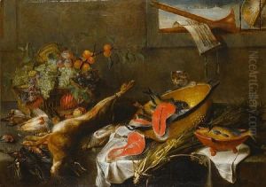 A Still Life Of A Cat Beside An 
Upturnedcolander Of Salmon With Other Fish, Dead Game And An Basket 
Offruit On A Wooden Table, Beneath A Window Ledge With A Pair 
Ofrecorders, A Globe And A Musical Manuscript by Frans Snyders