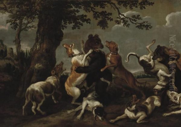 Hounds Fighting Bears In A Wooded Landscape - view 1
