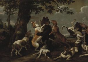 Hounds Fighting Bears In A Wooded Landscape