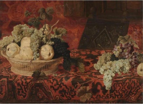 A Still Life Of Pears, Red And
White Grapes In A Wicker Basket On A Table Draped With An Embroidered
Blanket - view 1
