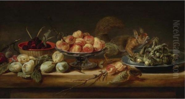 Still Life With Peaches In A
Tazza, Hazelnuts On A Pewter Plate, Raspberries In A Basket, With Pears
And A Squirrel On A Table - view 1